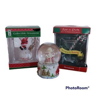Vintage Christmas Tree Ornaments and Santa Snow Globe Décor Bundle Lot